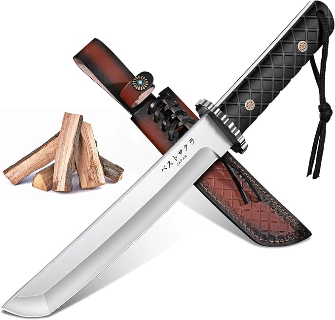Moontay Fixed Blade Tanto Knife - Japanese Hunting Knife with Sheath, Full Tang Survival Knives with Wood Handle for Campi...