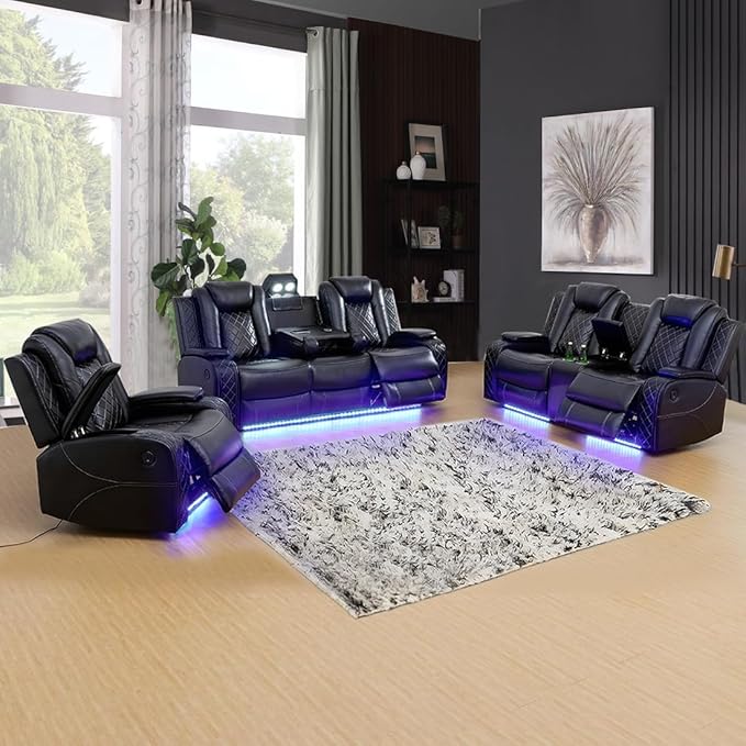 A Ainehome Luxury Furniture Sets Power Recliner Sofa Set Recliner Leather Sofas Loveseat Chair for Living Room Furniture/Small Space/Rv/House/Office/Theater Seating (F-Black, 3 Piece Set)