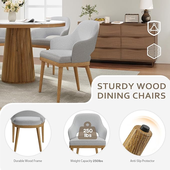 MALOL Wooden Dining Chairs Set of 6, Modern Fabric Upholstered Dining Room Chair, Kitchen Side Chairs, Farmhouse Dinner Chair with Open Back for Kitchen, Lightgrey
