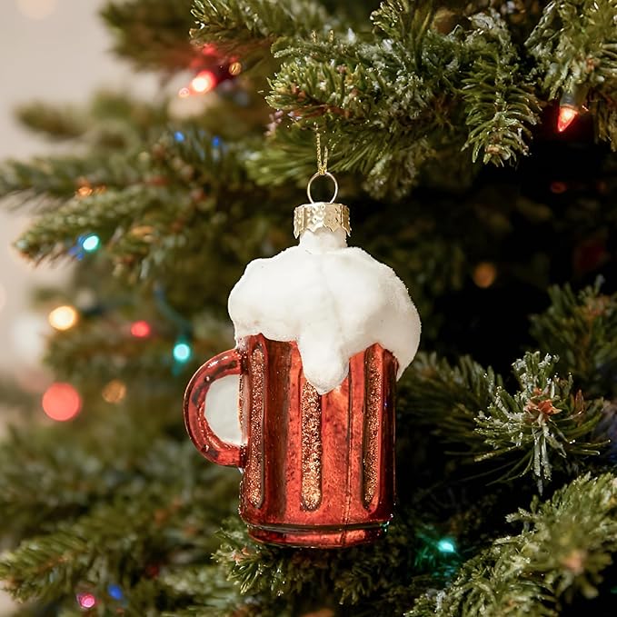 WDS WONDROUS Beer Mug Christmas Ornament & Decoration, Glass Hanging Beer Mug Ornament Set for Christmas Tree Red and White Decor Holiday Party Home Gift