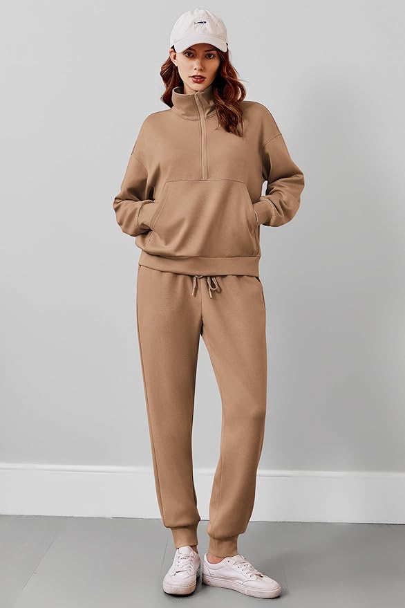 PINSPARK 2 Piece Sets for Women 2025 Fall Travel Outfits Long Sleeve Tracksuit Joggers Sets Half Zip Sweatsuit Matching Set