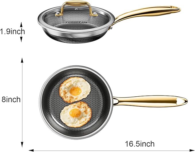 FogDream 8 Inch Non Stick Frying Pans, Stainless Steel Skillet with Tempered Glass Lid Tri-Ply Stainless Steel for All Cooktops, Dishwasher & Oven-Safe Cooking Pan, Stay-Cool Handle, Gold