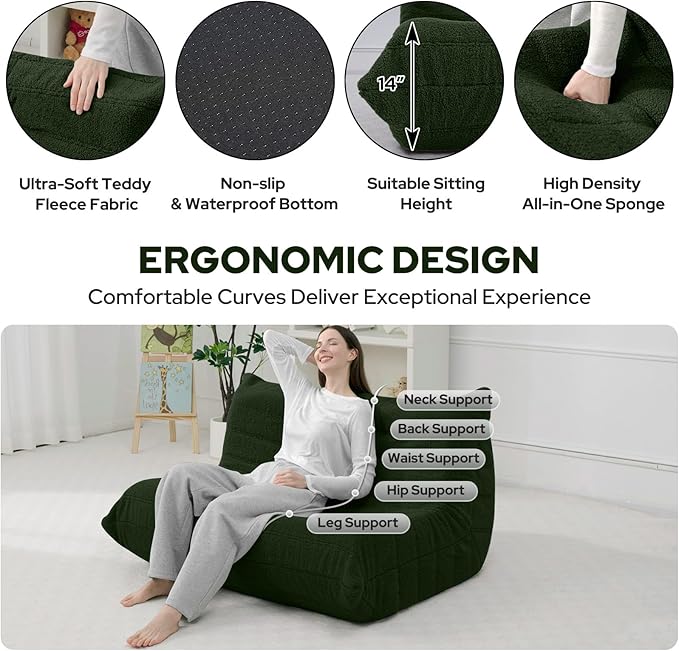 HABUTWAY Bean Bag Chairs Fireside Lazy Floor Sofa, Soft Teddy Fleece 2 Seater Sofa with High-Resilience Foam Filling，Beanbag for Living Room, Bedroom, Office (Green Teddy)