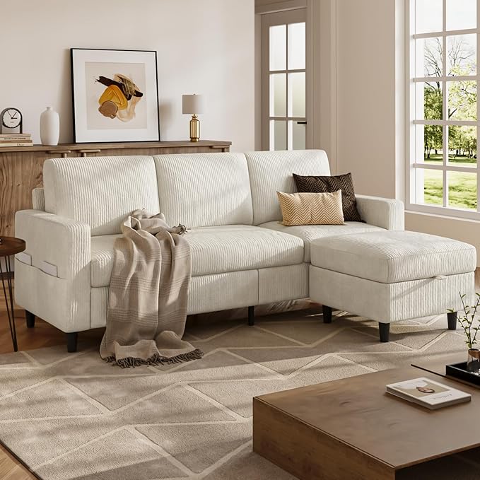 POYISOU Sectional Couches for Living Room, L Shaped Couch with Storage Ottoman, Small Sofa Corduroy Couch with Side Pockets, Modern 3 Seater Convertible Sofa for Apartment, Office, Beige