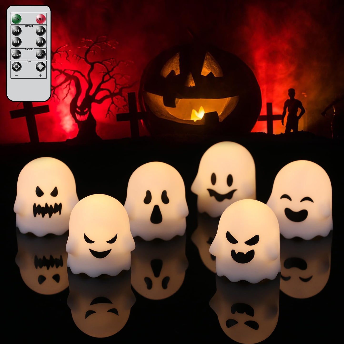 DRomance Ghost Flickering Flameless Candles Battery Operated with Remote and Timer 6 Pack Spooky White LED Tea Lights Candles Dimmable Light Halloween Indoor Decoration Gifts(2 x 2.4 Inches)