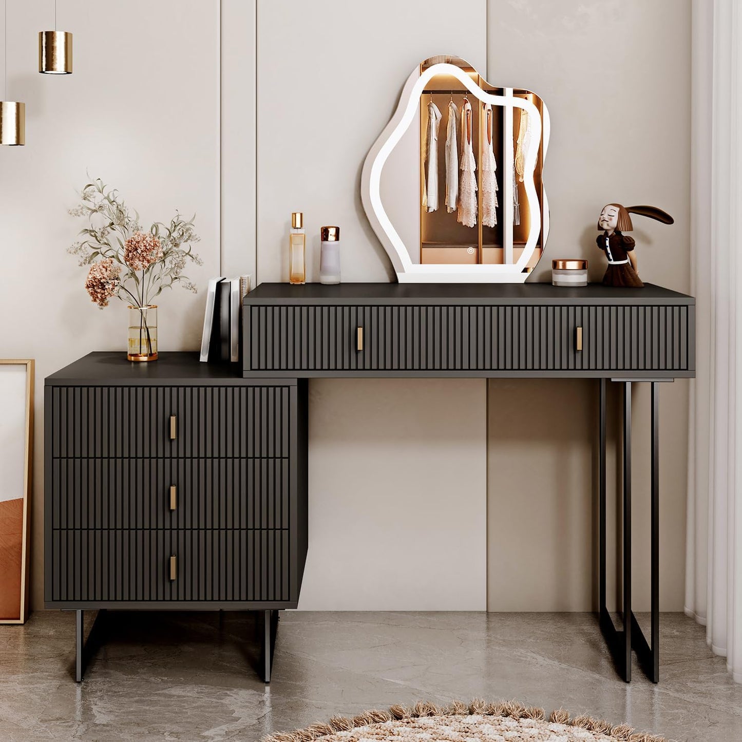 Ieejdn Black Vanity Desk with Mirror and Lights,Small Makeup Vanity with 5 Drawers, Modem Makeup Table with Adjustable Cabinet for Bedroom,Makeup Room