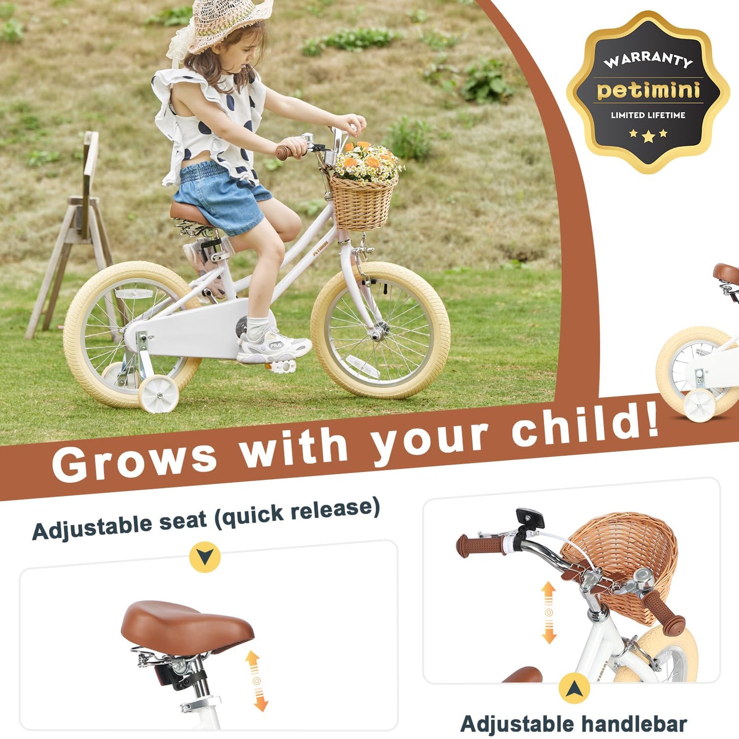 Petimini 16 Inch Little Kids Bike for Age 4 5 6 7 Years Old Girls Retro Vintage Style Bicycles with Basket Training Wheels and Bell, White