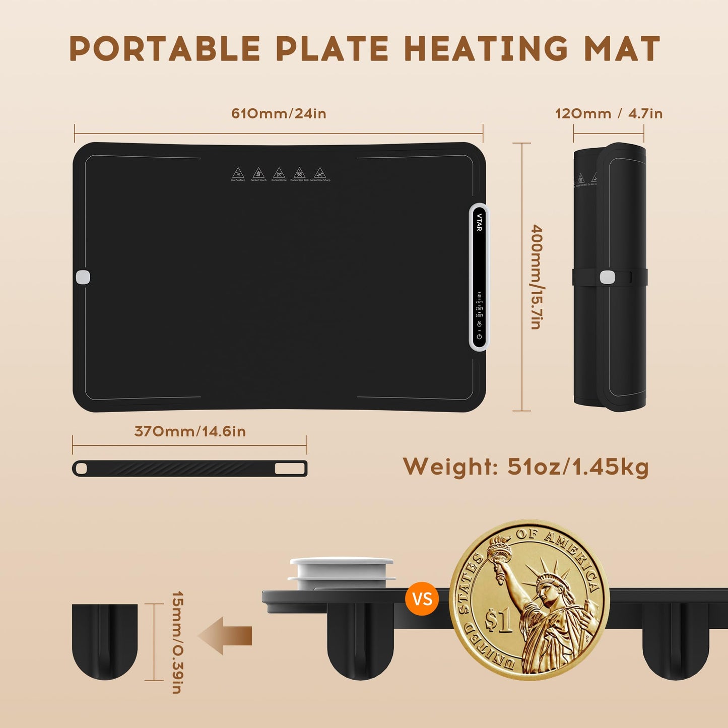 VTAR Rollable Electric Food Warming Mat | 3-Temp Buffet Tray Warmer for Parties | Even Heating, Portable Silicone Design, Auto Shut Off & Child Lock- Black