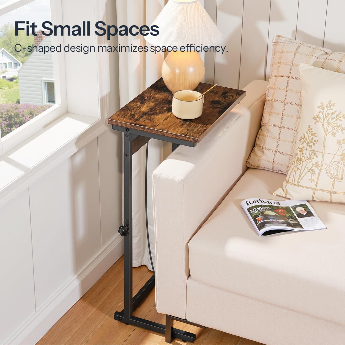 HOOBRO C-Shaped Side Table with Charging Station, Adjustable Height Sofa Arm Table, Slide Under Couch Table for Small Space in Living Room, Bedroom, Rustic Brown BF71USF01