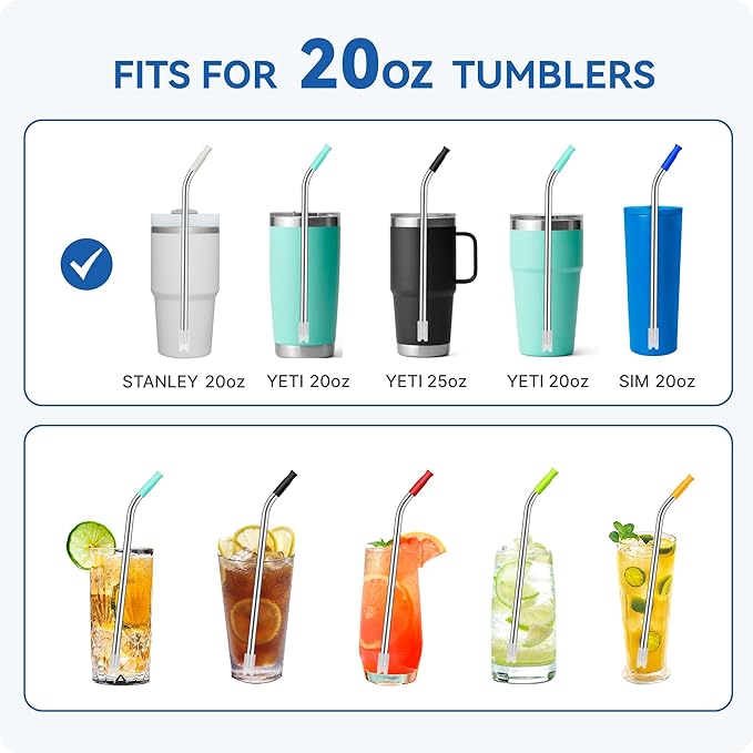 Reusable Metal Straws with Silicone Tip for Stanley 20oz,Stainless Steel Drinking Straws for 20oz Tumbler,3 Bent Tubes & 6 Tips& 1 Cleanr Brush(Chili)