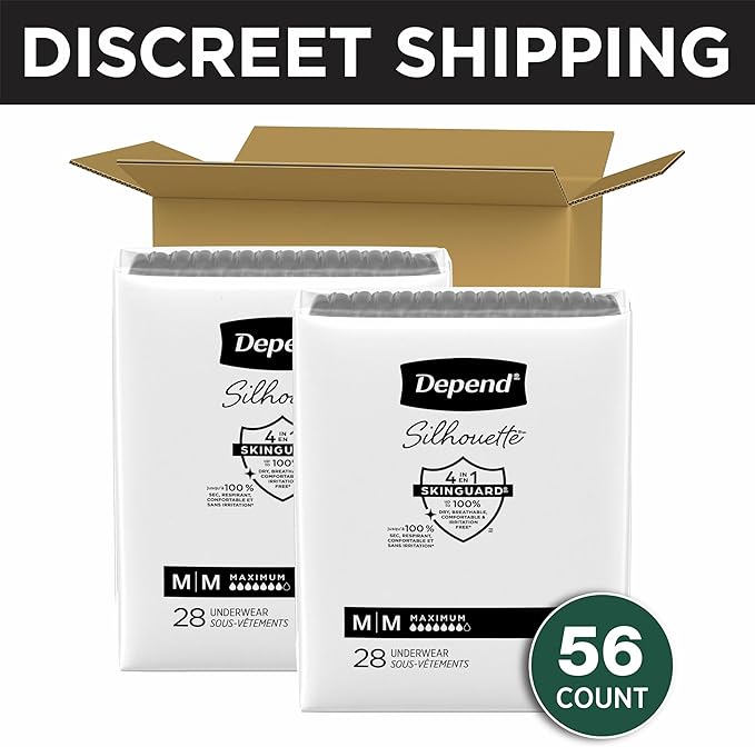 Depend Silhouette Adult Diapers, Incontinence & Postpartum Bladder Leak Underwear for Women, Maximum Absorbency, Medium, Black, 56 Count (2 Packs of 28), Packaging May Vary
