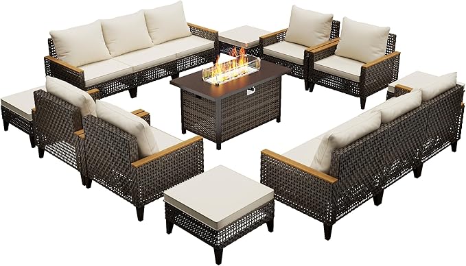 Xmkmvk 15 Piece Patio Sectional Sofa Set with 50000 BTU Fire Pit Table, All-Weather Wicker Rattan Outdoor Conversation Set, High Back, for Garden, Porch, Poolside, Beige