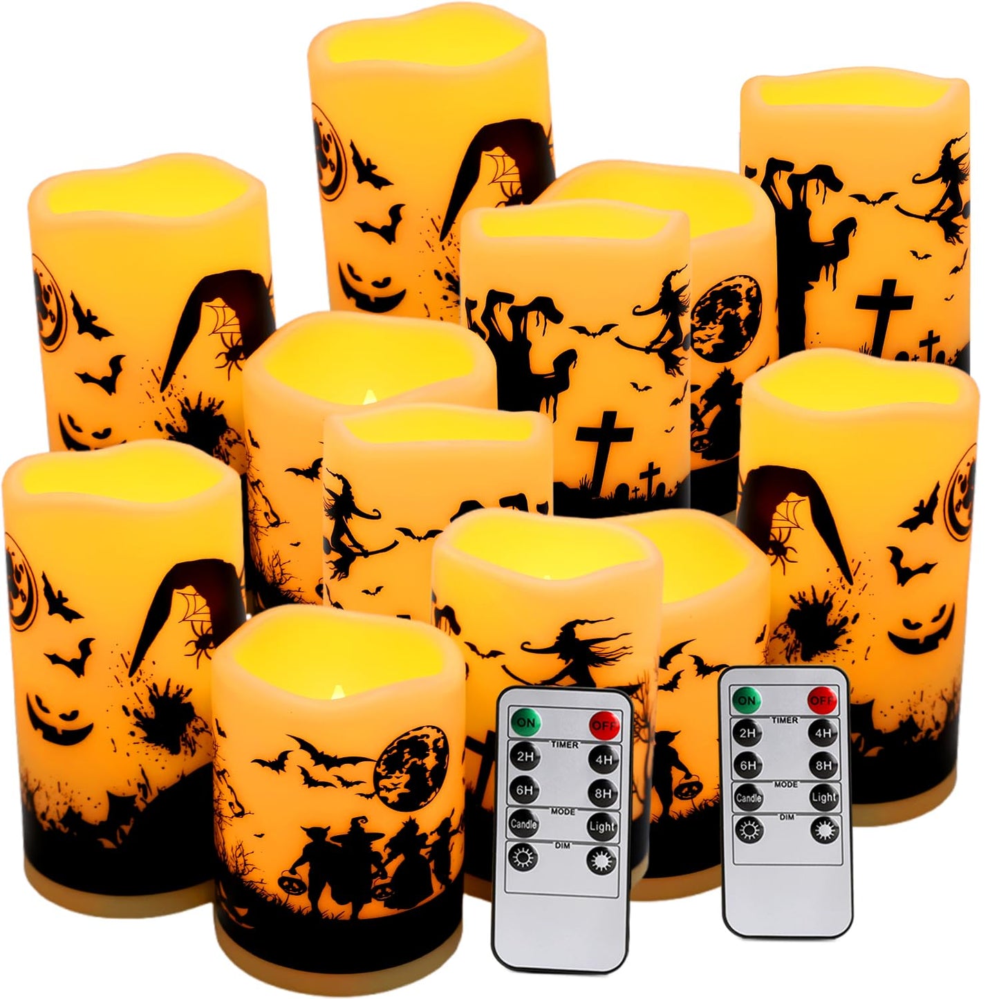 Caketycg 12-Pack Halloween Ink Painting Large Electronic Waxes With Remote Control, Flameless Led Candles For Halloween Spooky,