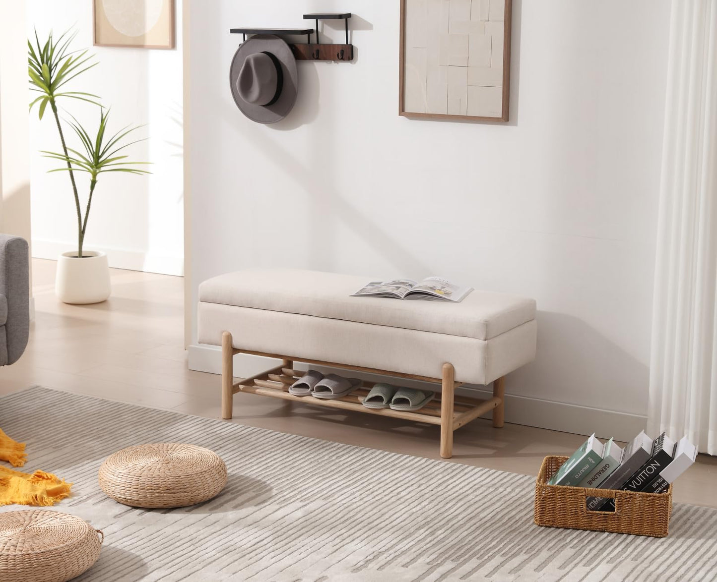 CIMOTA Entryway Storage Bench for Bedroom Upholstered End of Bed Ottoman Bench with Wood Shoe Storage for Living Room/Hallway/Under Window/Corner, 45 Inches, Linen Beige