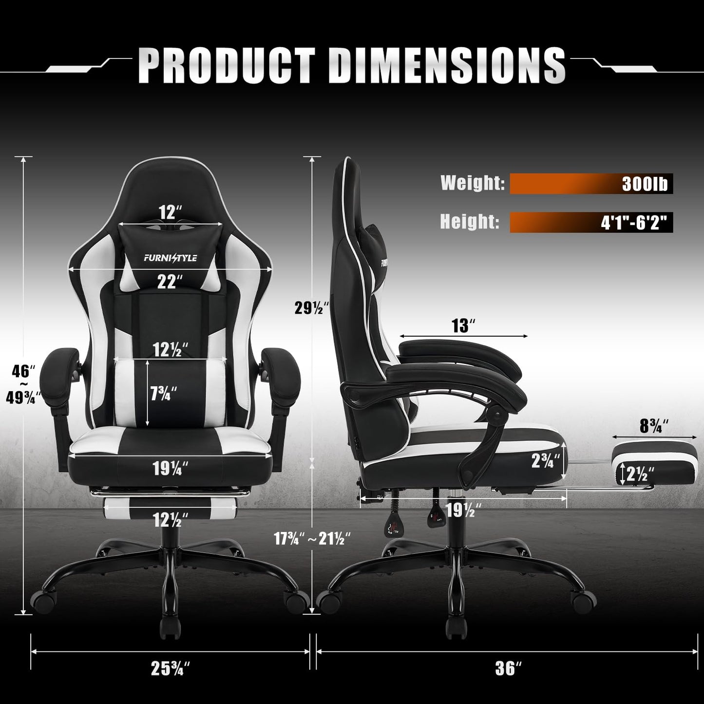 Gaming Chair with Footrest, Reclining Video Game Chairs for Adults with Lumbar Support, Linkage Armrests, Ergonomic Computer Chair for Gaming or Office, PU Black-White