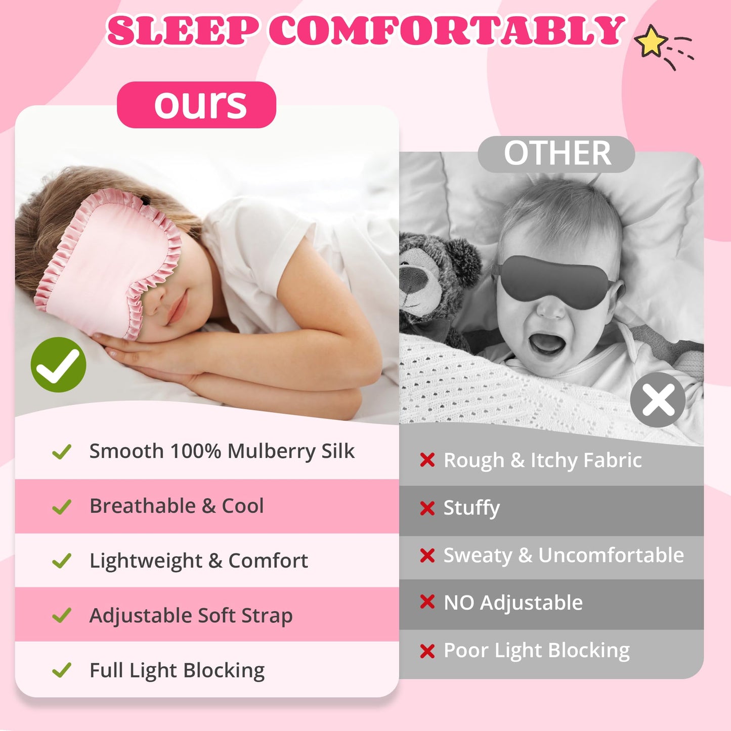 Kids Sleep Mask Eye Cover, 100% Real Mulberry Silk Sleep Mask with Adjustable Strap, Kids Blindfold for Sleeping, Boys Girls Eye Shade for Ages 5+, Soft and No Pressure (Pink)