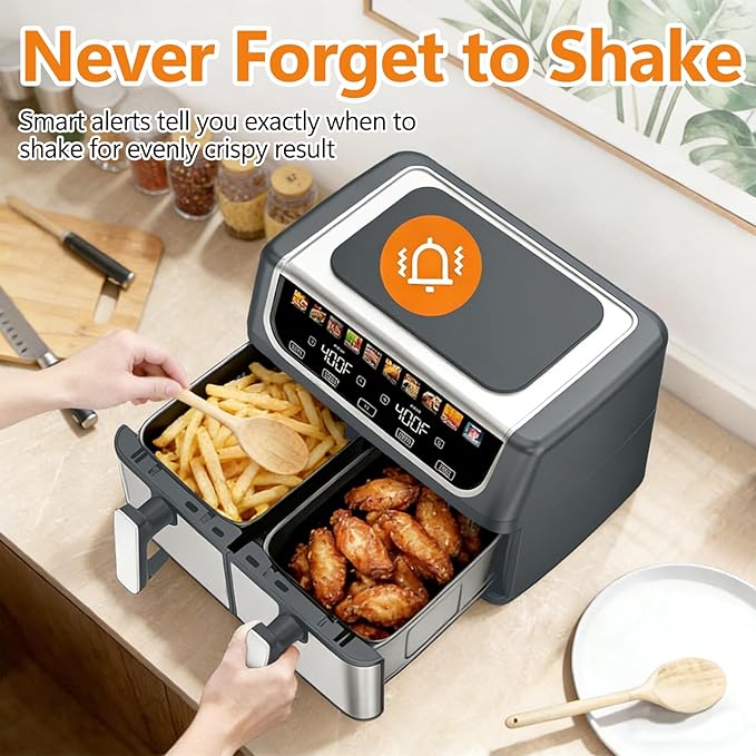 Simple Deluxe 9.5-Qt Dual Basket Air Fryer, 10-in-1 Digital Preset Airfryer, Sync Cook, Independent Temp Control, Shake Reminder, Nonstick Basket, Grey