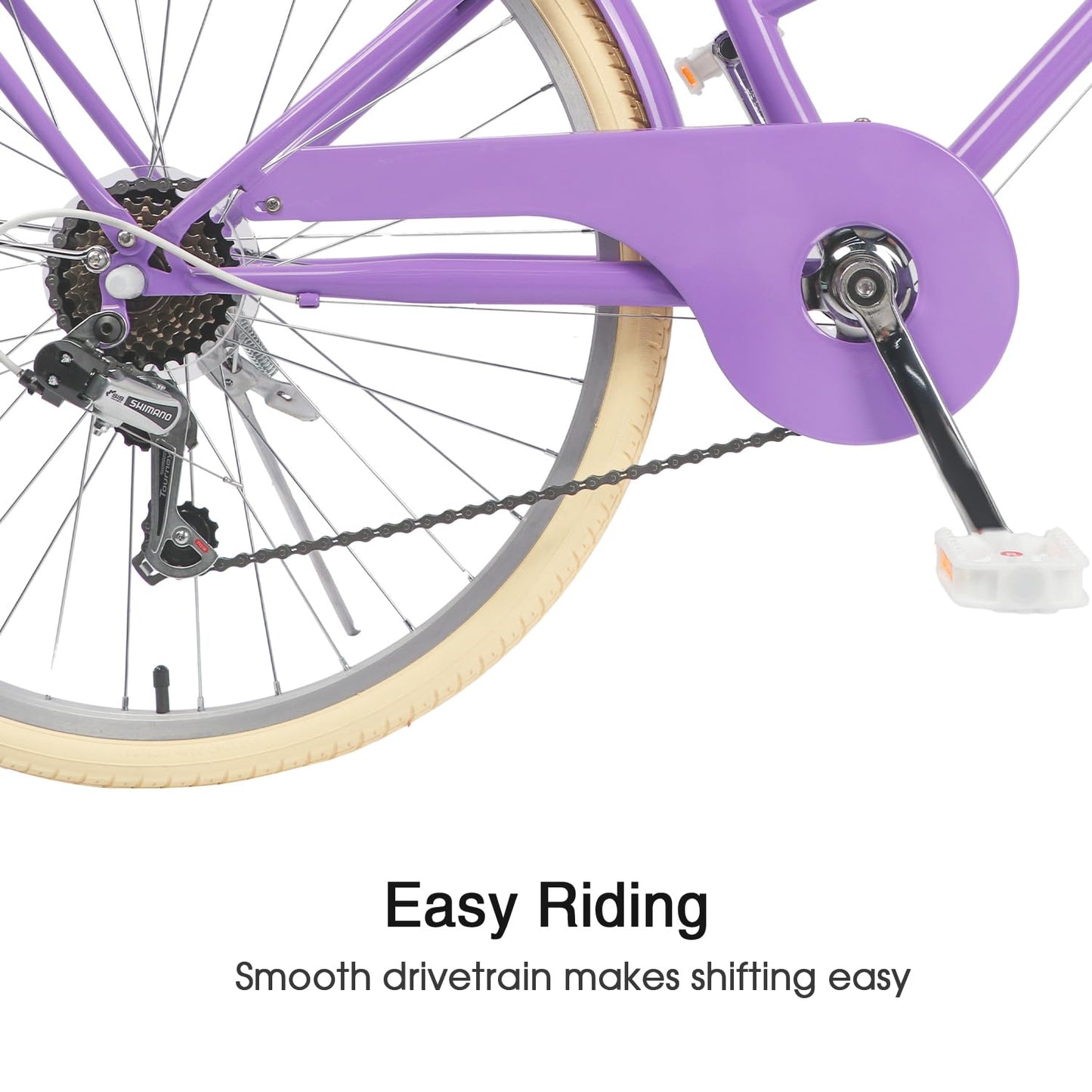 Glerc 24 Inch Beach Cruiser Bike, 6-Speed Hybrid City Bicycle for Girls Youth and Over 6 Years Old, Missy Bike with Wicker Basket & Lightweight, Purple