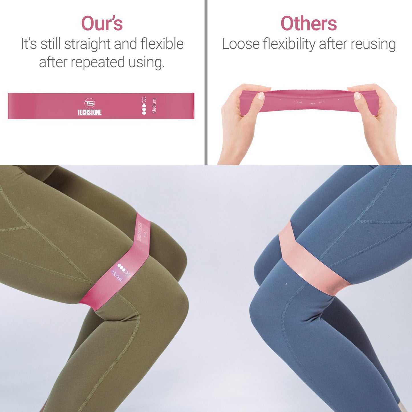 TechStone Resistance Bands Set for Men and Women, Pack of 5 Different Levels Elastic Band for Home Gym Long Exercise Workout – Great Fitness Equipment for Training, Yoga – Free Carrying Bag (Pink)
