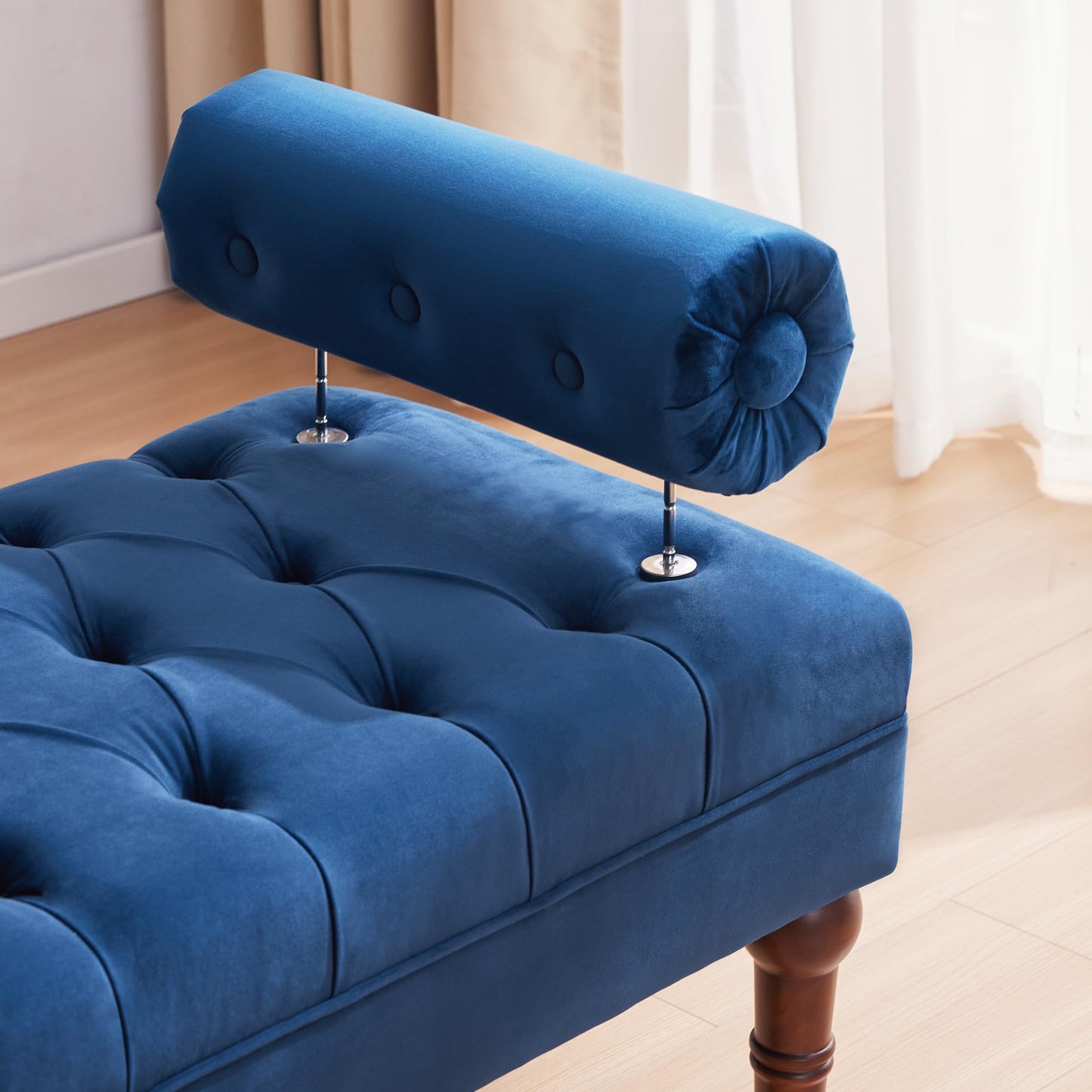 HUIMO 60.2" Velvet Bedroom Bench, Modern End of Bed Bench with Button-Tufted, Upholstered Large Ottoman Bench Seat, Entryway Benches for Living Room, Window, Closet (Blue)