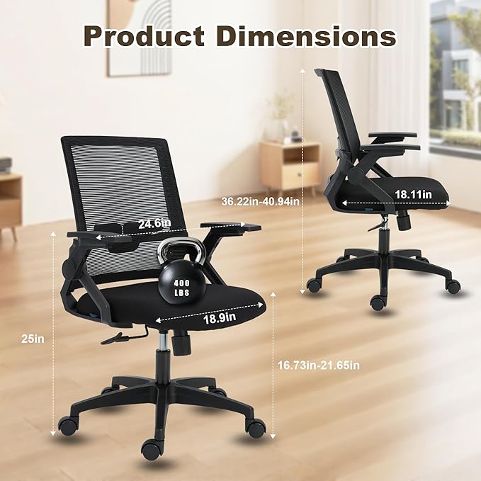 Msdizuo Ergonomic Office Chair, High Back Desk Chair with Adjustable Height, Swivel Chair with Flip-Up Arms and Lumbar Support, Breathable Mesh Computer Chair for Home/Study/Working/Relaxing, (Black)