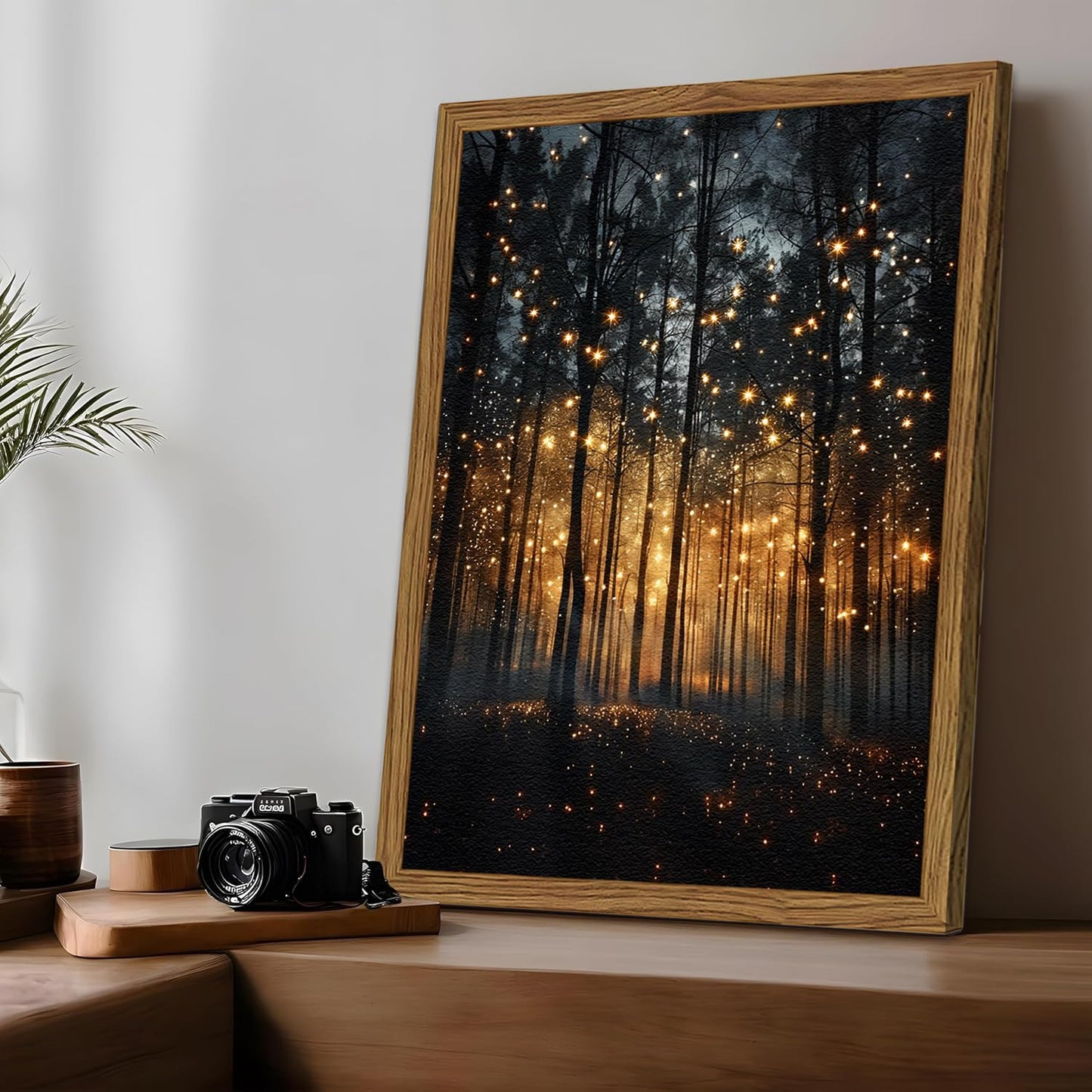 Enchanted Forest Firefly Wall Art, Dark Twilight Landscape Wall Decor 3D Texture Hand Drawn Sandstone Magical Nature Botanical Painting Artwork for Bedroom Living Room 16x12 inch Wood Framed