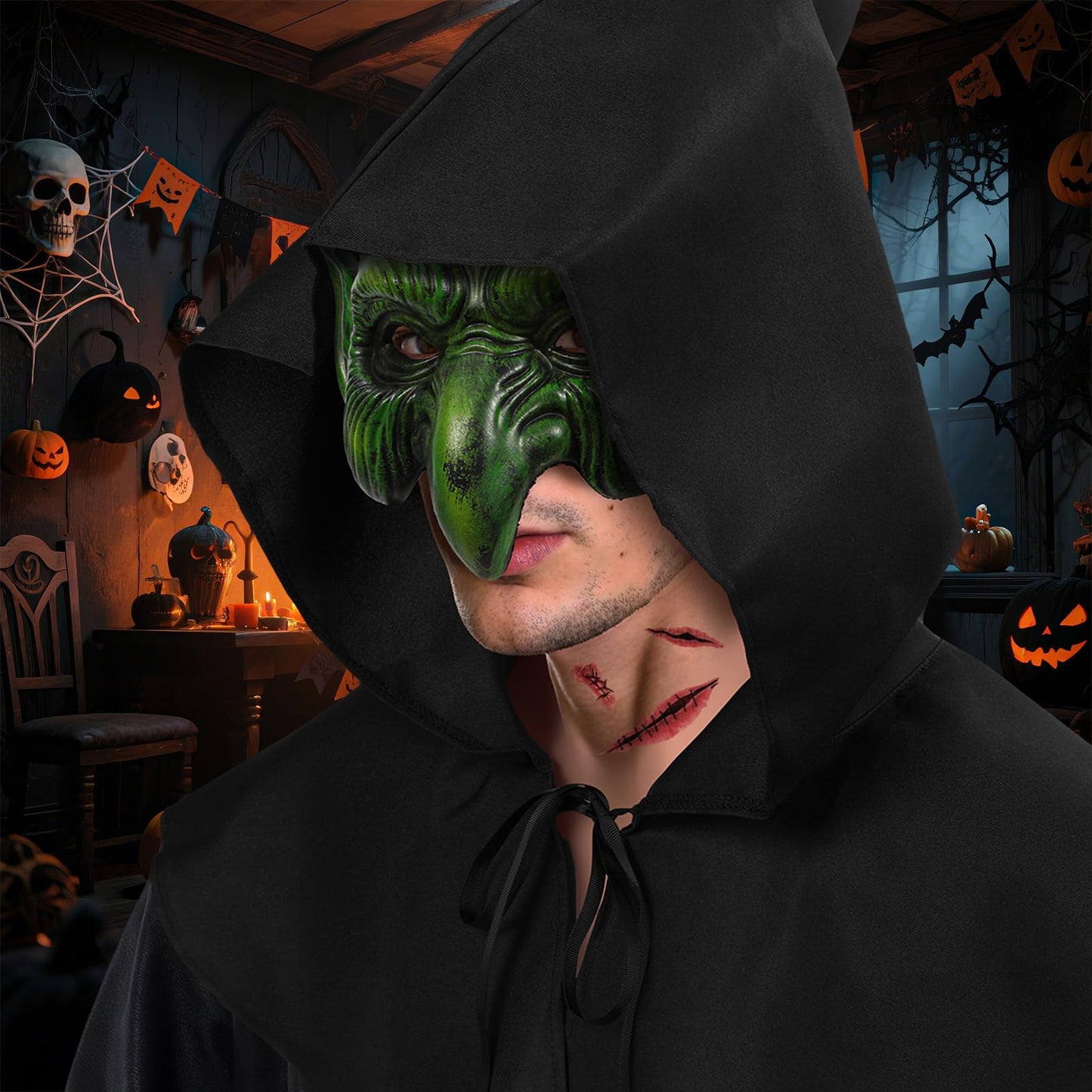 YUIQPKJX Old Witch Mask Adult Scary Masks Goblin Costume Accessory with Hood Sticker Halloween Mardi Gras Men Women Cosplay Props