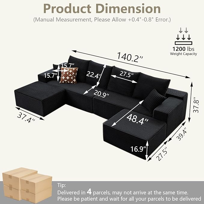 140" Sectional Cloud Couch for Living Room, Modular Floor Deep-Seat Sofa, Big Comfy Corduroy Couches Set with Fluffy Memory Foam, Stupendous U Shaped Sofas, No Assembly Required, Black