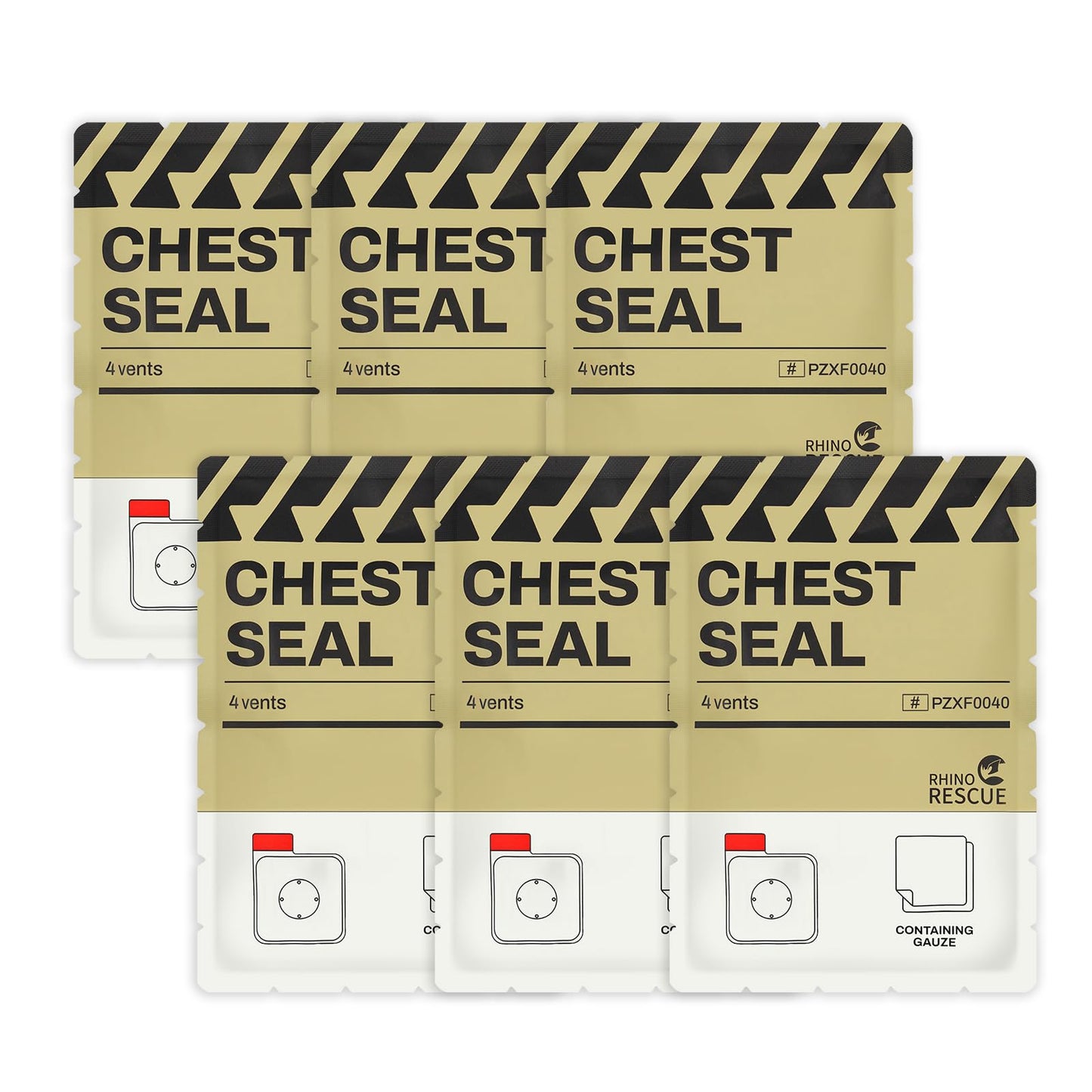 RHINO RESCUE Vented Chest Seal, 4 Vents, Sterile Emergency Trauma Dressing, Occlusive Adhesive Pad, IFAK Trauma Refill Medical First Aid Supplies for Wound Care, Gunshot Wound, Sucking Chest(6 Count)