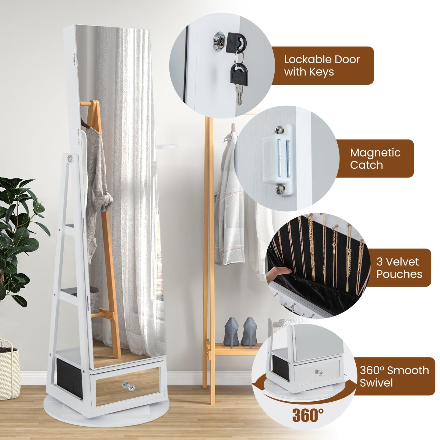 Byroce 360° Rotating Jewelry Armoire with Full Length Mirror, Lockable Jewelry Cabinet w/6 LED Lights, Hairdryer Rack, Rear Storage Shelves & Bottom Drawer, Standing Jewelry Organizer (White)