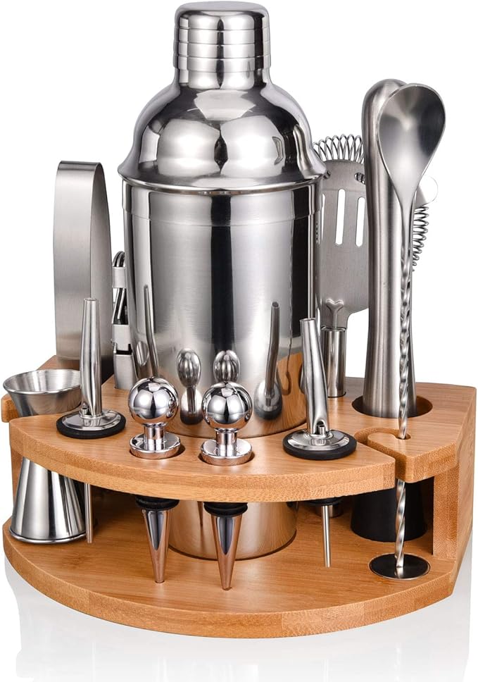 Esmula Bartender Kit with Stylish Bamboo Stand, 12 Piece 25oz Cocktail Shaker Set for Mixed Drink, Professional Stainless ...