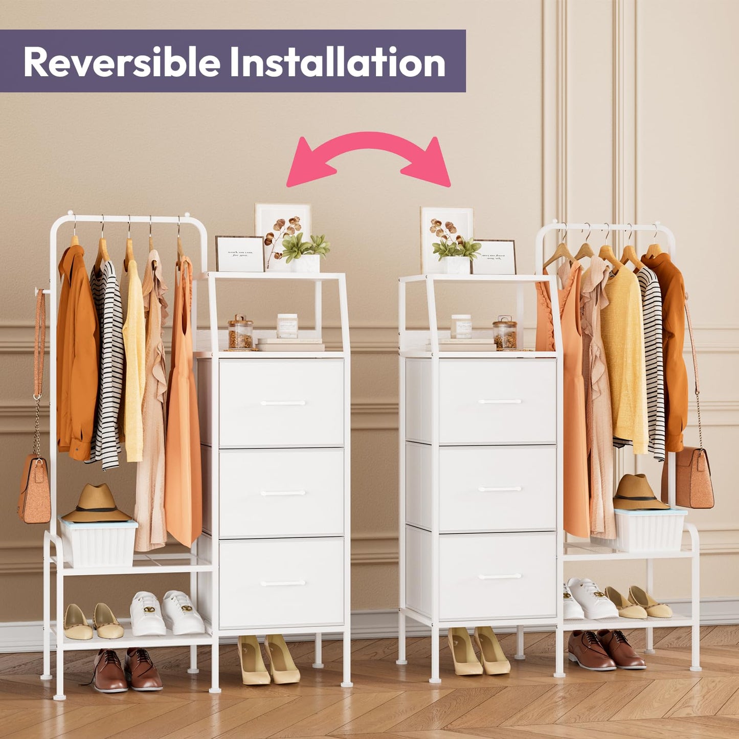 SWTYMIKI Dresser with Hanging Rack - 3 Fabric Drawers Dresser for Bedroom - Reversible Tall Storage Tower, Small Space Clothes Storage Organizer Cabinet for Apartment, Dorm 49.21''H, White