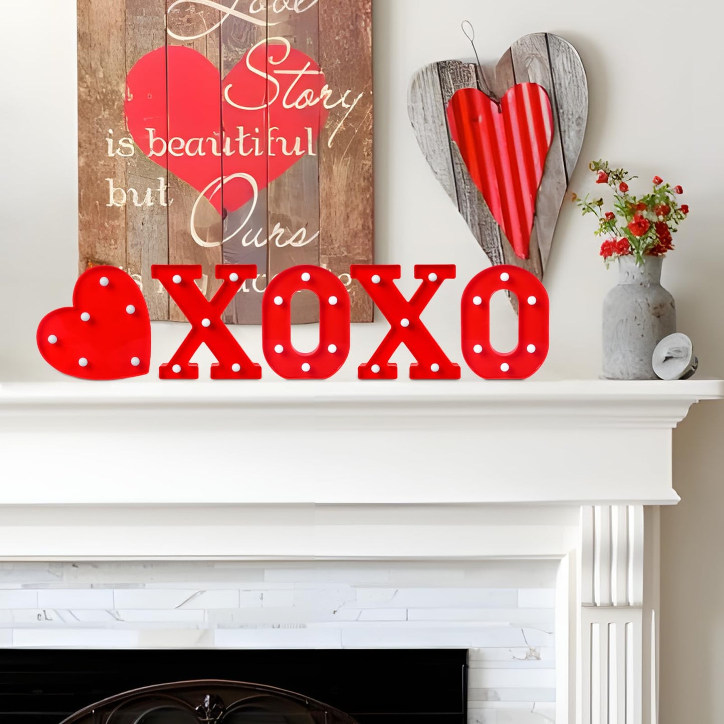 EDYCON 5Packs Valentine's Day Letter Lights Sign Table Decorations LED Light up Letters Battery Powered Letter for Home Party Bedroom Tabletop Fireplace Indoor Decor(XOXO Heart)