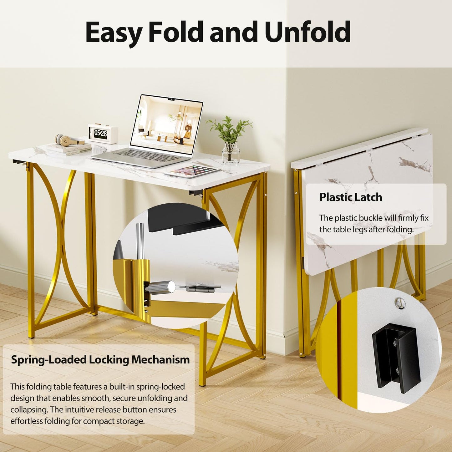 coeztt Folding Desk, 31.5" Small for Bedroom, Space Saving Foldable Computer Desk for Home Office, Easy Assembly, White and Gold