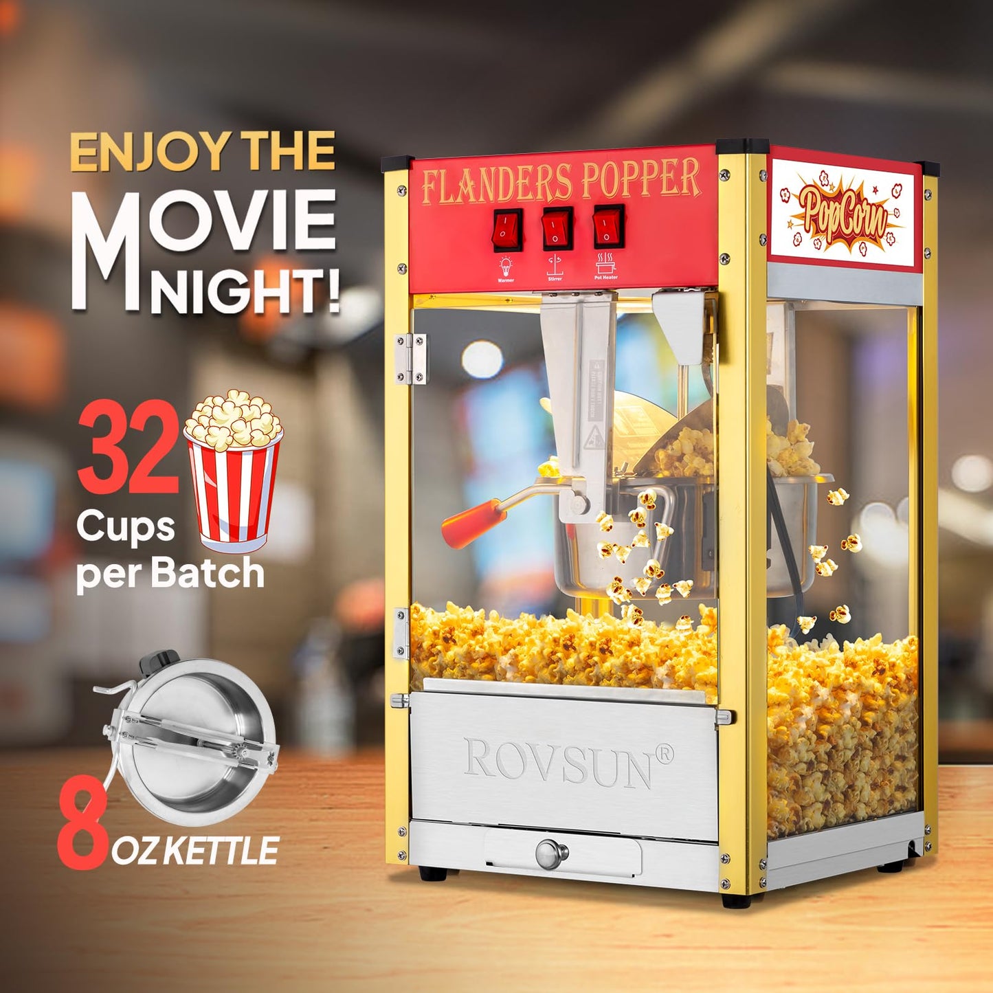ROVSUN Popcorn Machine with 8 Ounce Kettle Makes Up to 32 Cups, Commercial Popcorn Machine Countertop Popcorn Maker w/Stainless Steel Scoop, Oil Spoon & 3 Popcorn Cups for Home Movie Theater, ETL, Red