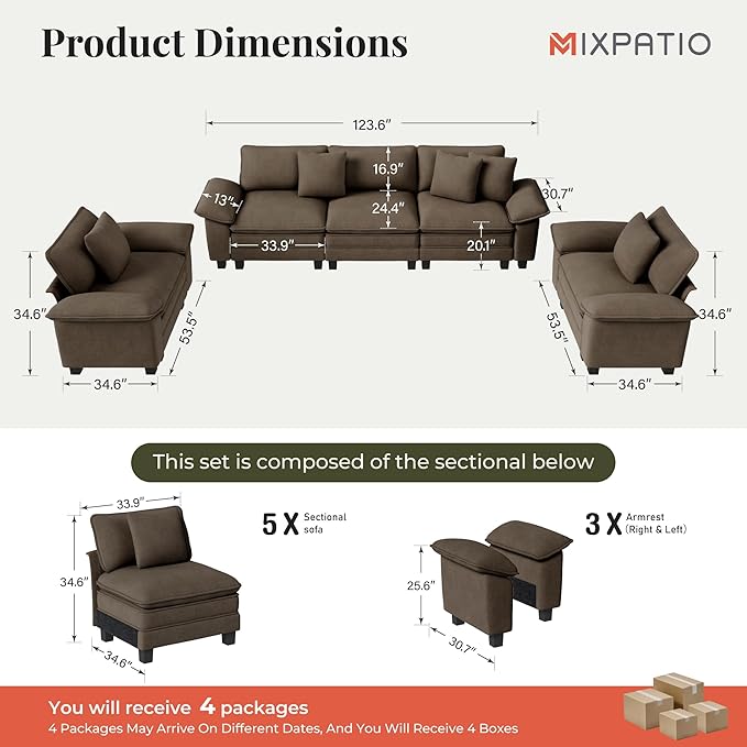 MIXPATIO Cloud Couch Sectional Sofa Set, Plush 24.4-Inch Deep 5-Seat Sectional with Velvety Chenille & Removable Arms for Living Room and Apartment, Taupe