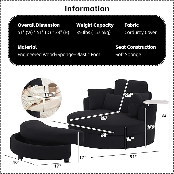 Yoglad Oversized Round Swivel Accent Chair - 360 Degree Chairs with Ottoman Armrest Tray Ideal for Living Room, Bedroom(Corduroy Black)