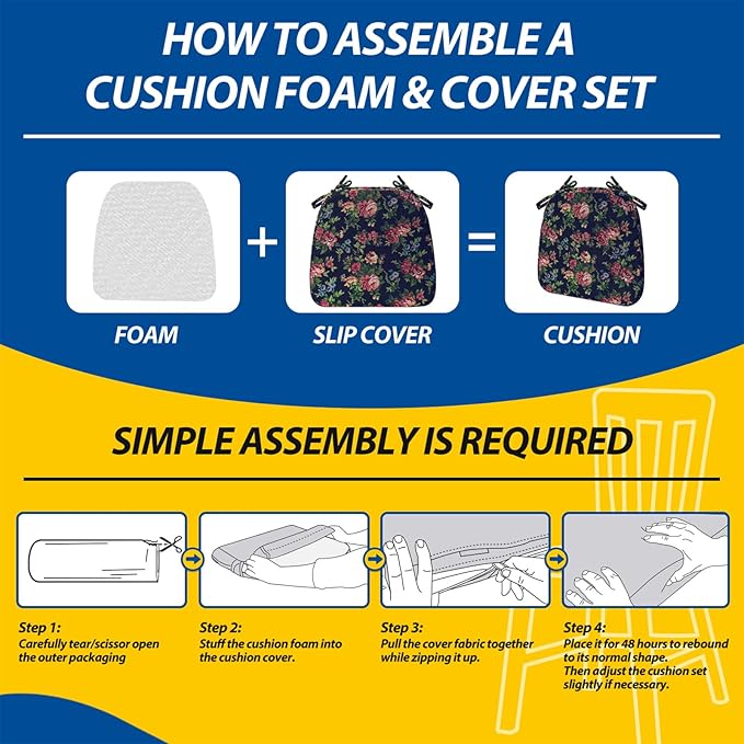 AAAAAcessories D-Shaped Chair Cushions, 2" Thick Dining Chair Pads with Ties and Removable, Machine-Washable Cover, 17" x 16", Night-Blooming Blossoms