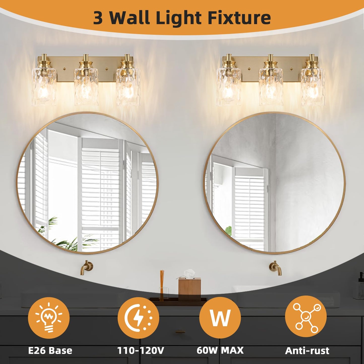 AMRUIPO 3 Light Bathroom Vanity Light Modern Brushed Gold Bathroom Light Fixtures Over Mirror with Hammered Glass Lampshade for Kitchen Hallway