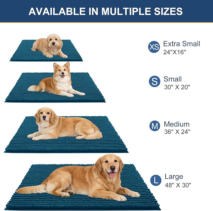OLANLY Dog Door Mat for Muddy Paws 24x16, Ultra Absorbent Chenille Mud Doormat, Non-Slip Washable and Dirt Trapping Doormat for Indoor Entryway, Quick-Dry Indoor Pet Bed Mats for Dogs, Atlantic Blue