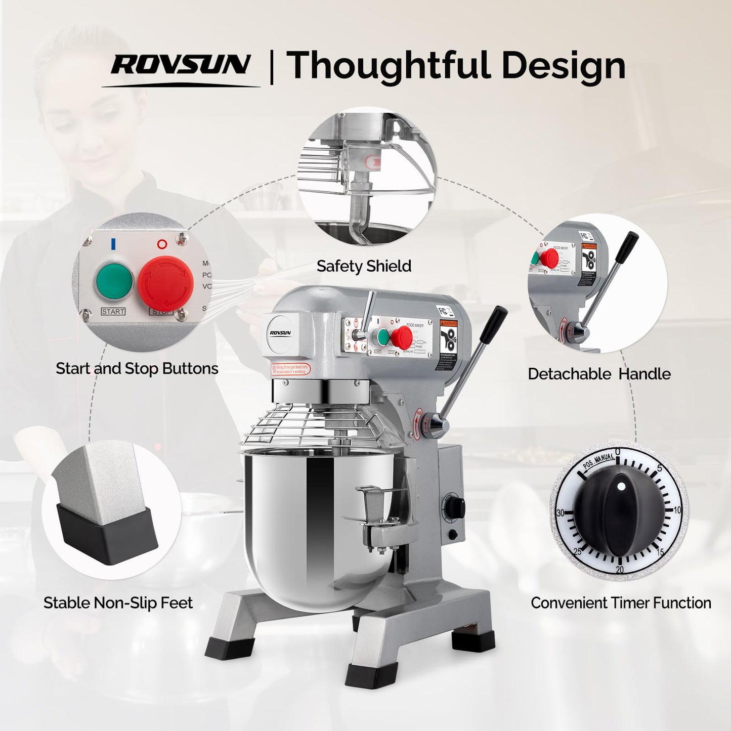 ROVSUN Commercial Food Mixer, 15QT 550W Electric Commercial Dough Mixer with 3-Speeds Adjustable, Stainless Steel Bowl Stand Mixer With Safety Guard for Bakery Pizzeria Restaurants