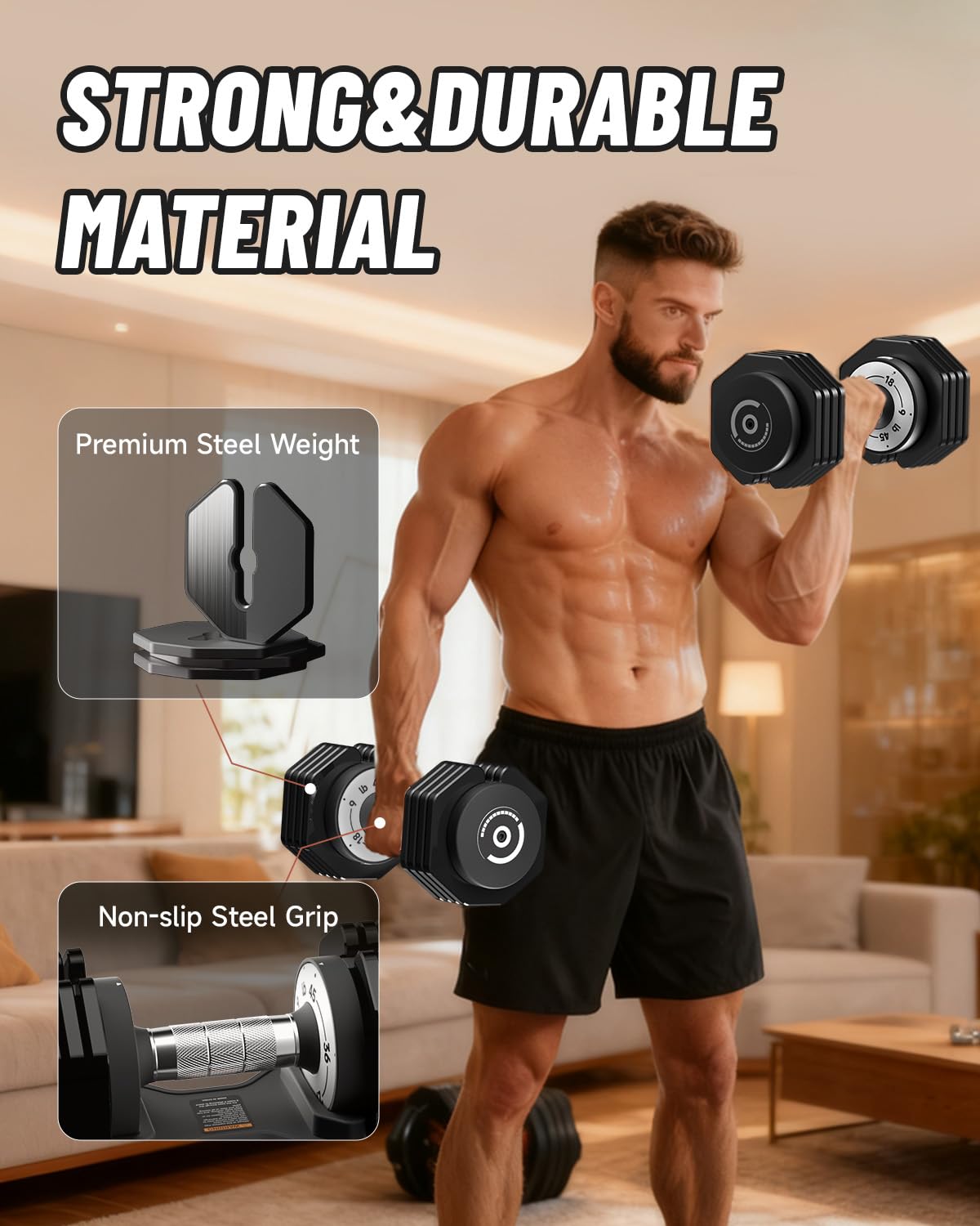 Adjustable Dumbbells Set 45LB Single, 1-Sec Fast Adjustable 5 Weights by Turning Handle, Premium Comfort Non-slip Metal Dumbbells with Tray, Compact Size for Full Body Home Workout (Black)