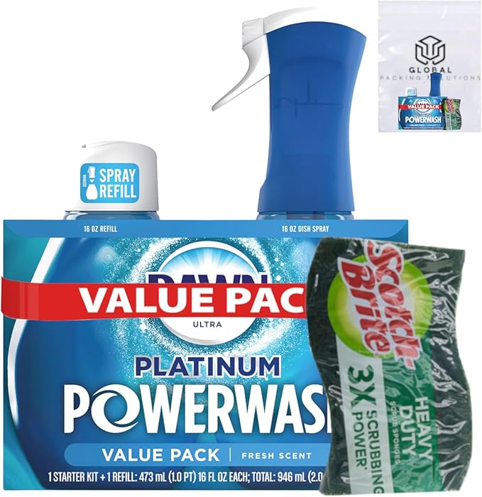 Dawn Platinum Powerwash Dish Spray and Refill, Fresh, 16 Fl Oz Spray and 16 Fl Oz Refill bundled with Heavy Duty Scotch Brite Sponge