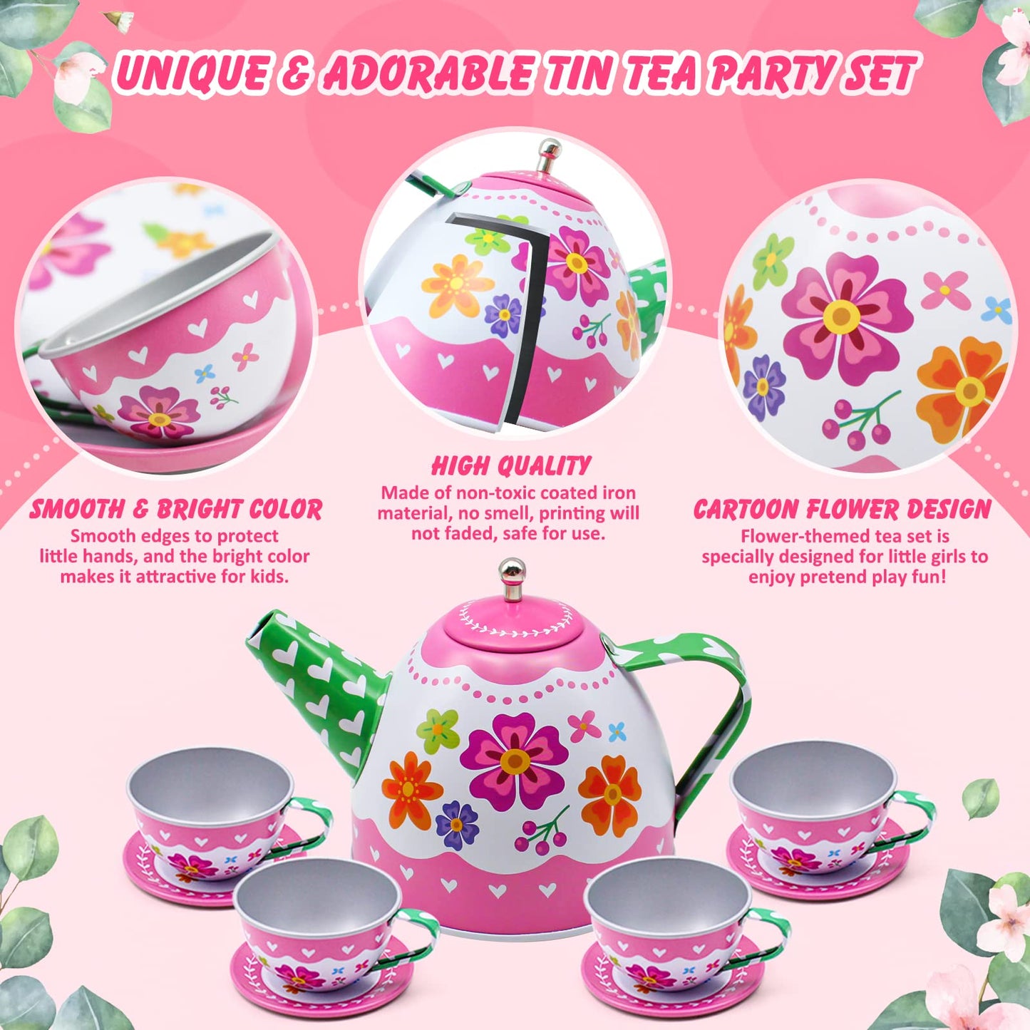 Hohosunlar Kids Tea Party Set for Little Girls, Flower Toy Tin Tea Set with Carry Case, Dessert Play Food Tea Cup Set Teapot Girl Jewelry, Birthday for Girls Kids 3 4 5 6 7 Years Old