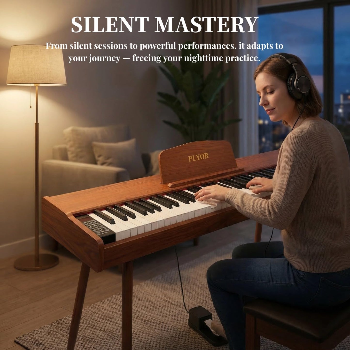 PLYOR 88 Key Digital Piano Keyboard with Stand & Sustain Pedal, Full-Size Semi Weighted Electric Piano for Beginners/Learners, Home Keyboard Piano with Headphone Jack, MIDI Connectivity, Brown