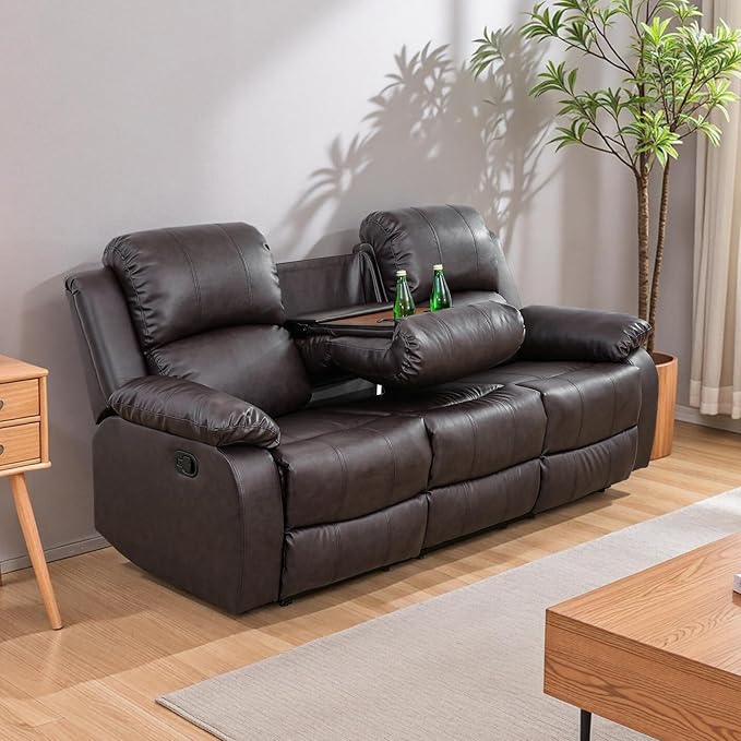 JBXBER Manual Recliner Sofa Set for Living Room, Leather Reclining Sofa Sets, Faux Leather Couch Set with Cup Holders, Drop-Down Table and Storage Console(Sofa,Brown)
