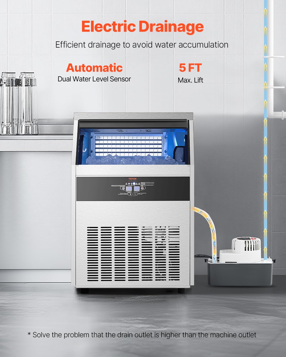 Vevor 200Lbs/24H Commercial Ice Maker Machine With Drain Pump, 66Lbs Storage Capacity Ice Maker, 108 Ice Cubes In 15 Minutes, Le
