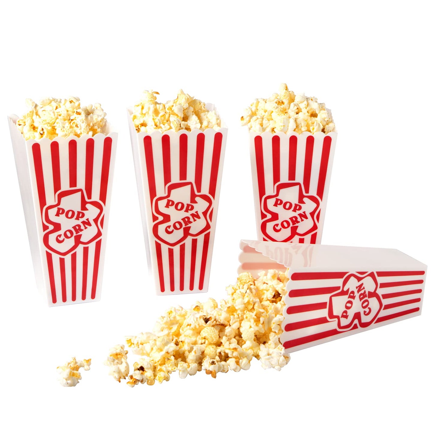 RAYMEA Plastic Popcorn Containers Red & White Striped Retro Style Reusable Popcorn Boxes for Movie Night 4”x8” (4 Pack)