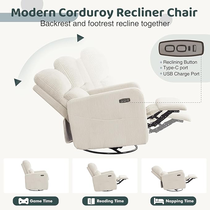 AEMEIOS Swivel Rocker Recliner, Oversized Power Recliner Glider with Removable Cushion, Upholstered Swivel Reclining Nursery Chairs for Living Room Bedroom, Corduroy White