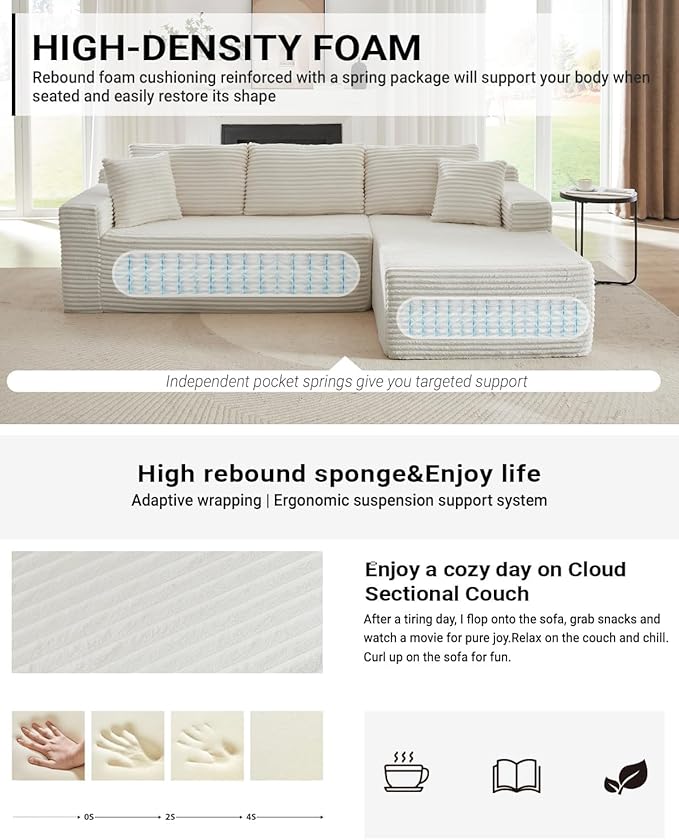 Vanress Cloud Couch Sectional, Corduroy Boneless Couch with L-Shape Chaise, Modern Modular Sectional Sofa Comfy Deep Seat for Living Room, Bedroom, No Assembly (White, Right Facing Chaise)